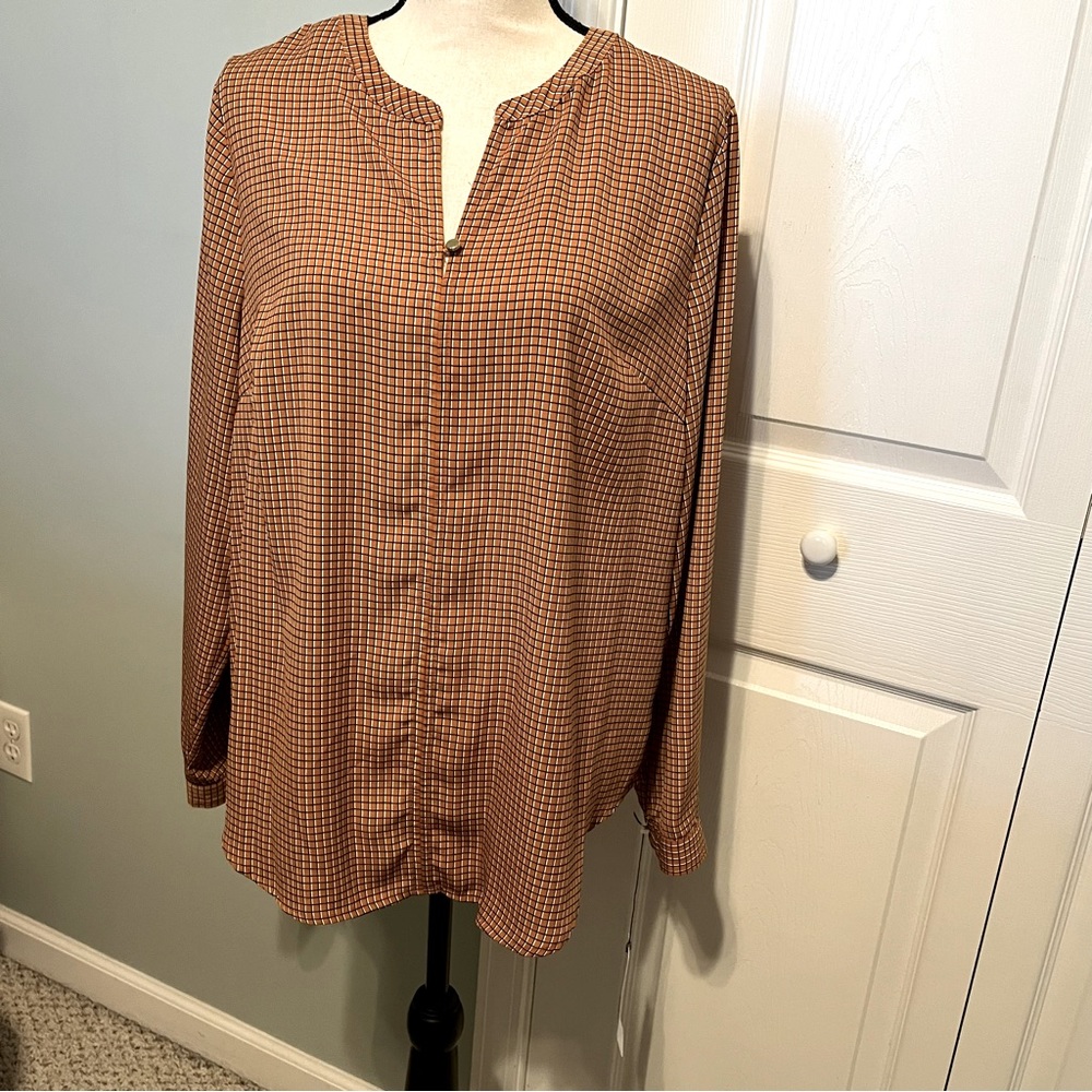 Liz Claiborne Womens Size Large Honey Ginger Grid Long Sleeve Blouse Top NEW